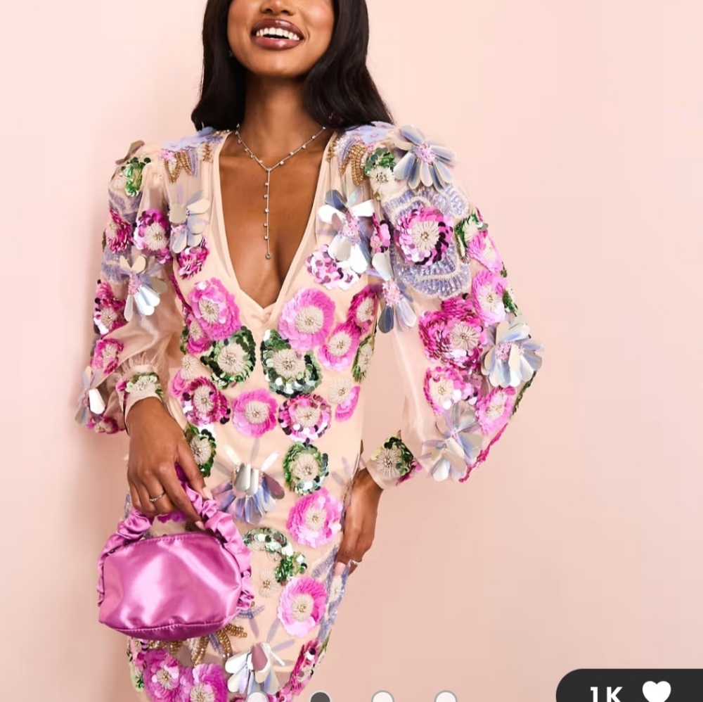 ASOS LUXE v-neck sheer mini dress with placement embellished flowers in pink